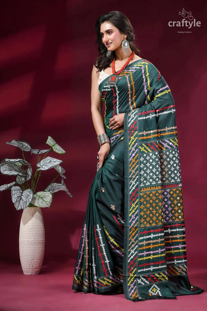 Gable green multi-thread gujrati stitch silk saree with mirror work dark green saree intricate multicolored 3
