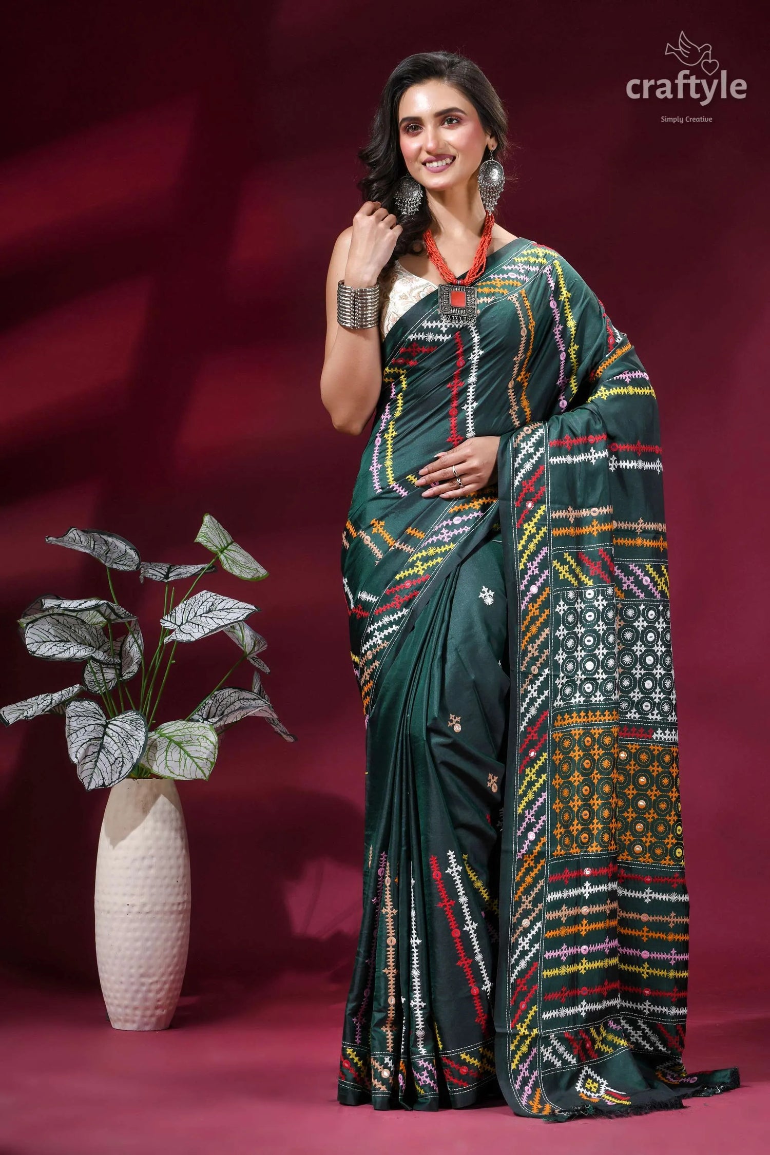Gable green multi-thread gujrati stitch silk saree with mirror work dark green saree intricate multicolored 6