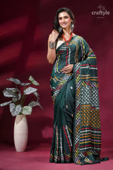 Gable green multi-thread gujrati stitch silk saree with mirror work dark green saree intricate multicolored 6