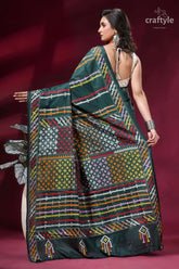 Gable green multi-thread gujrati stitch silk saree with mirror work dark green saree intricate multicolored 5