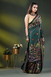 Gable green multicolor floral design handmade kantha silk saree 5