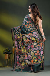 Gable green multicolor floral design handmade kantha silk saree 4