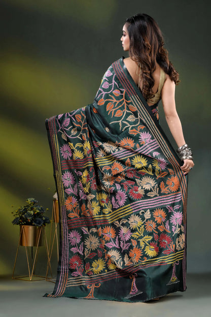 Gable green multicolor floral design handmade kantha silk saree 4