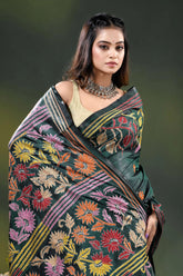 Gable green multicolor floral design handmade kantha silk saree 2