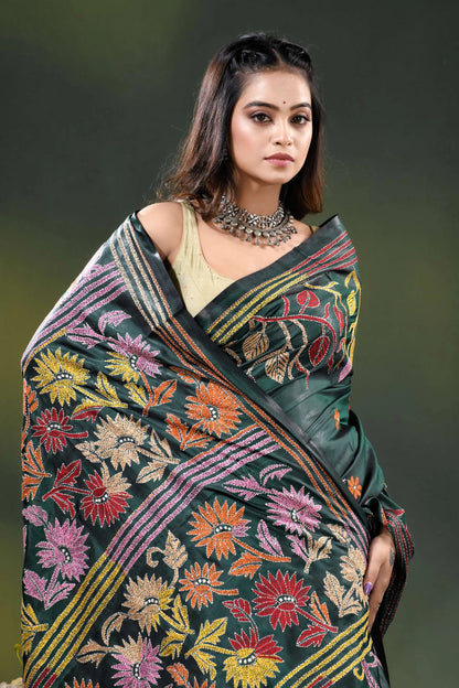 Gable green multicolor floral design handmade kantha silk saree 2
