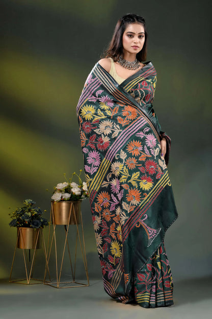 Gable green multicolor floral design handmade kantha silk saree 6