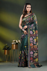 Gable green multicolor floral design handmade kantha silk saree 1