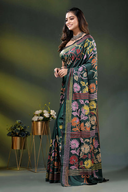 Gable green multicolor floral design handmade kantha silk saree 3
