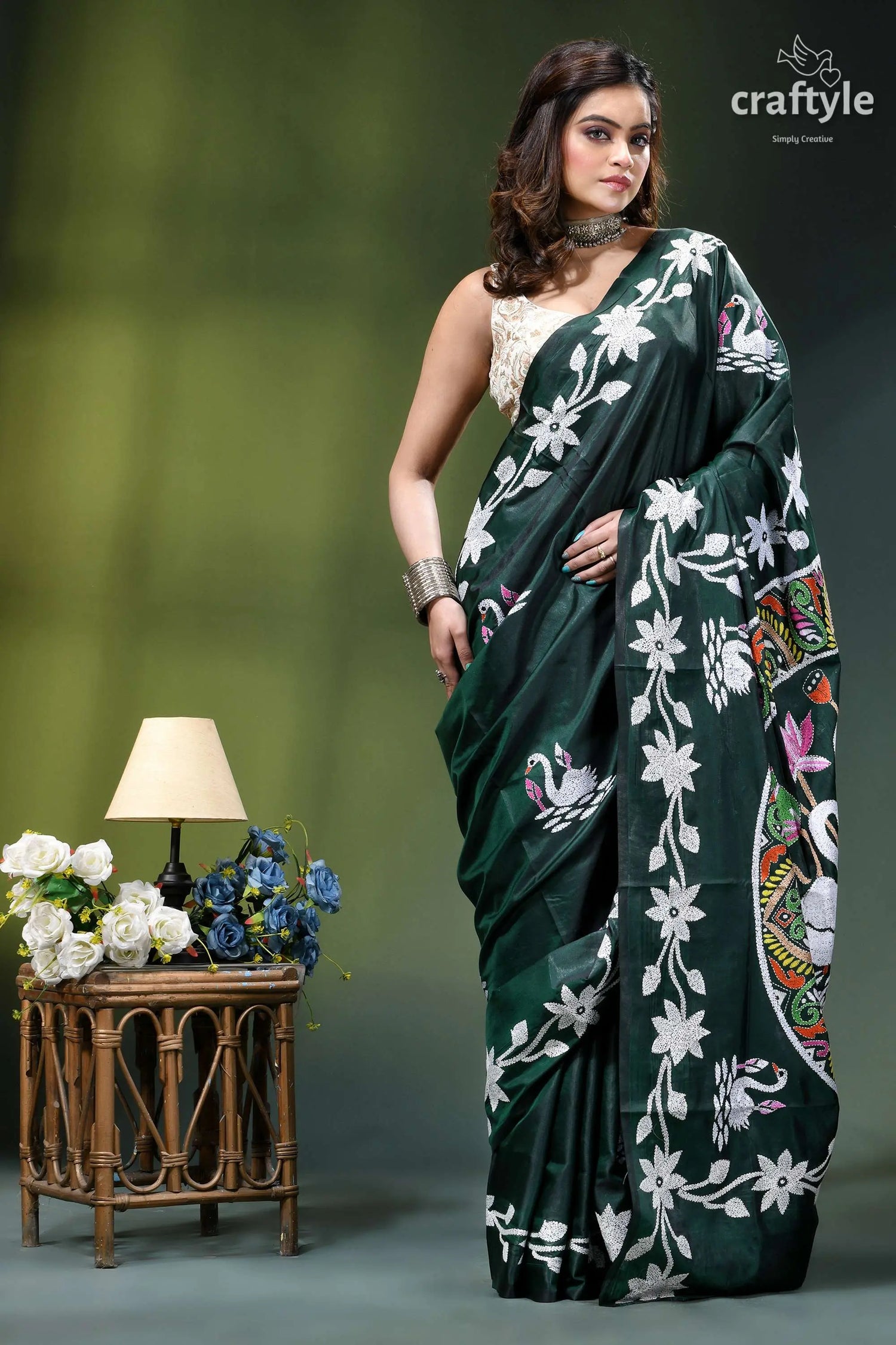 Gable green premium swan design kantha silk saree dark green silk saree intricate 7