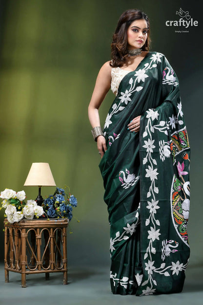 Gable green premium swan design kantha silk saree dark green silk saree intricate 7