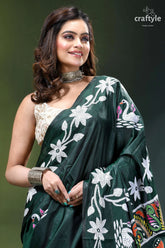 Gable green premium swan design kantha silk saree emerald green silk saree adorned 2