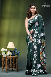 Gable green premium swan design kantha silk saree dark green saree adorned intricate 5