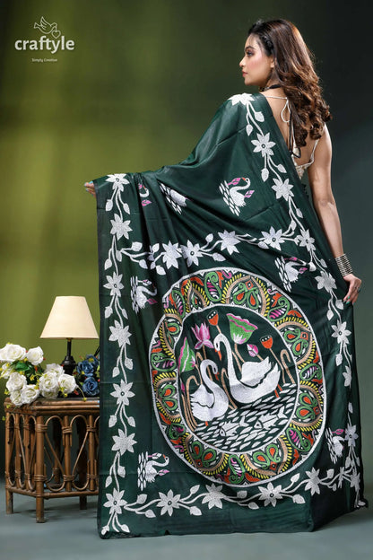 Gable green premium swan design kantha silk saree dark green silk saree adorned 6