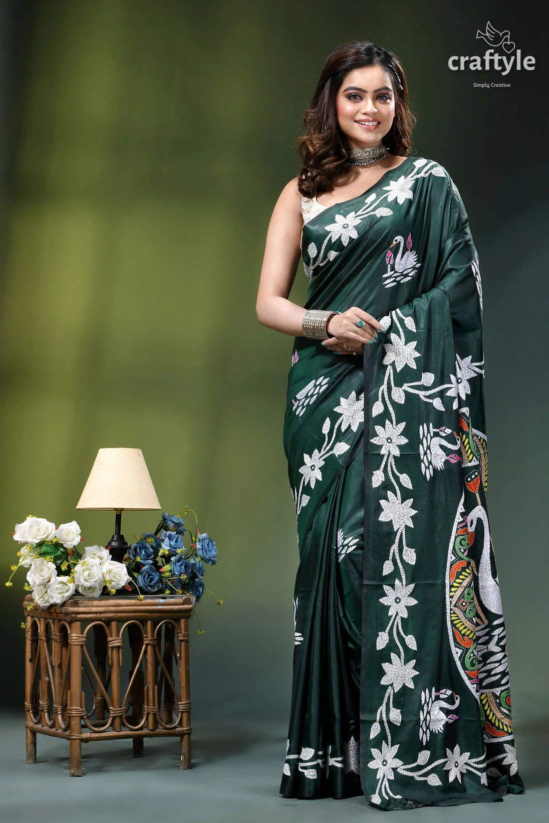 Gable green premium swan design kantha silk saree dark green silk saree adorned 1