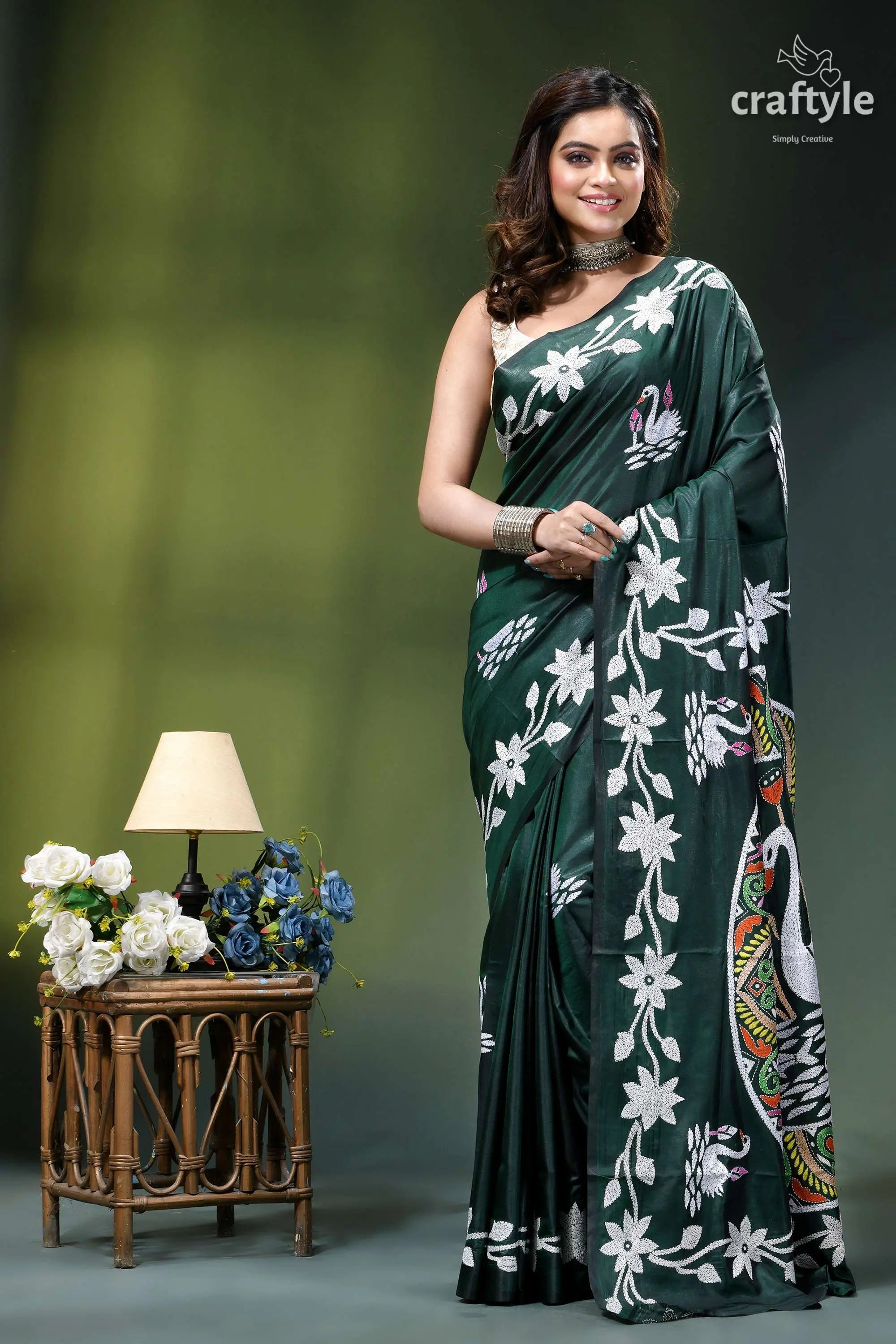 Gable green premium swan design kantha silk saree dark green silk saree adorned 1