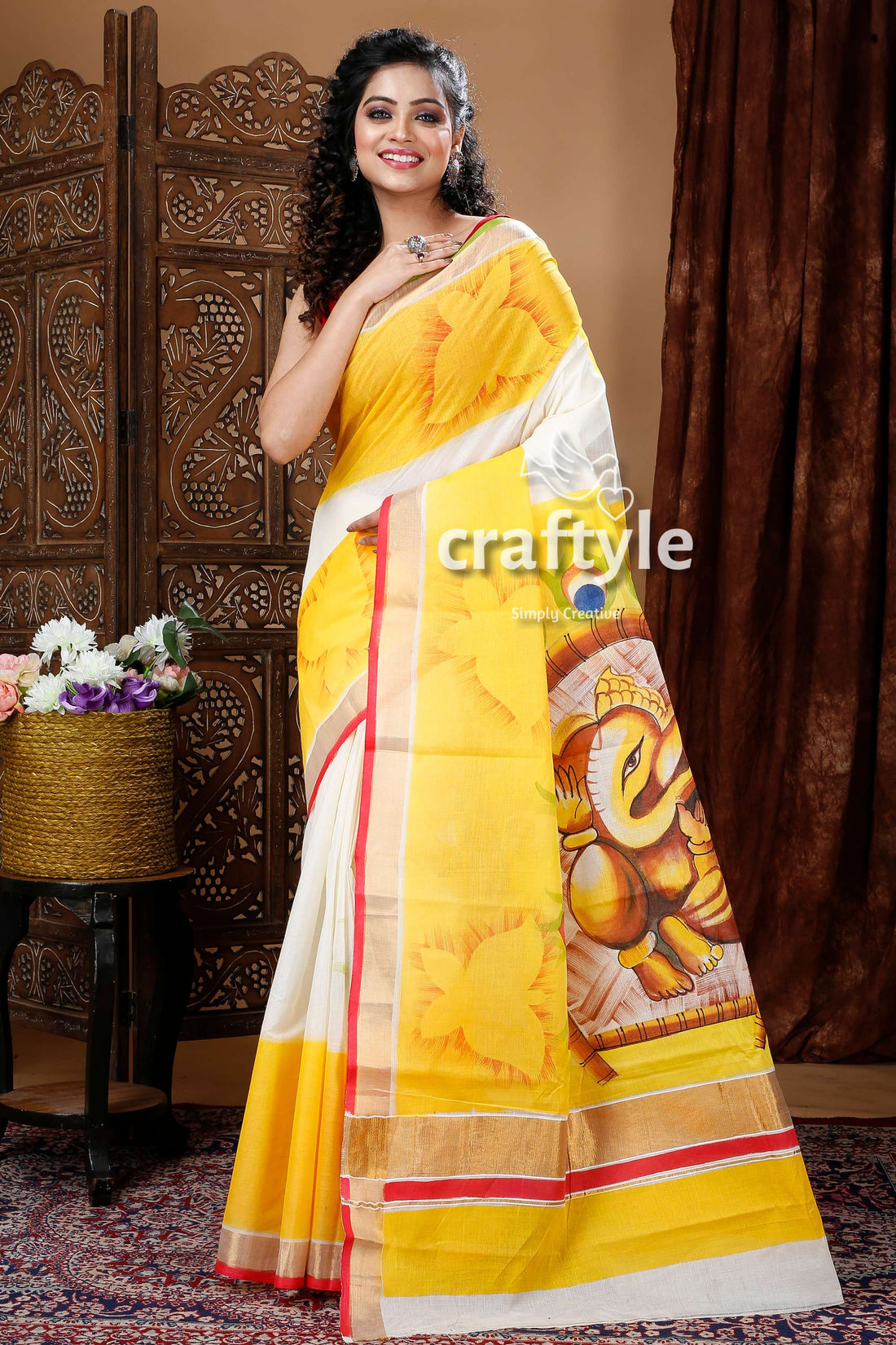 Ganesha Hand Painted Pineapple Yellow Kerala Cotton Saree-Craftyle