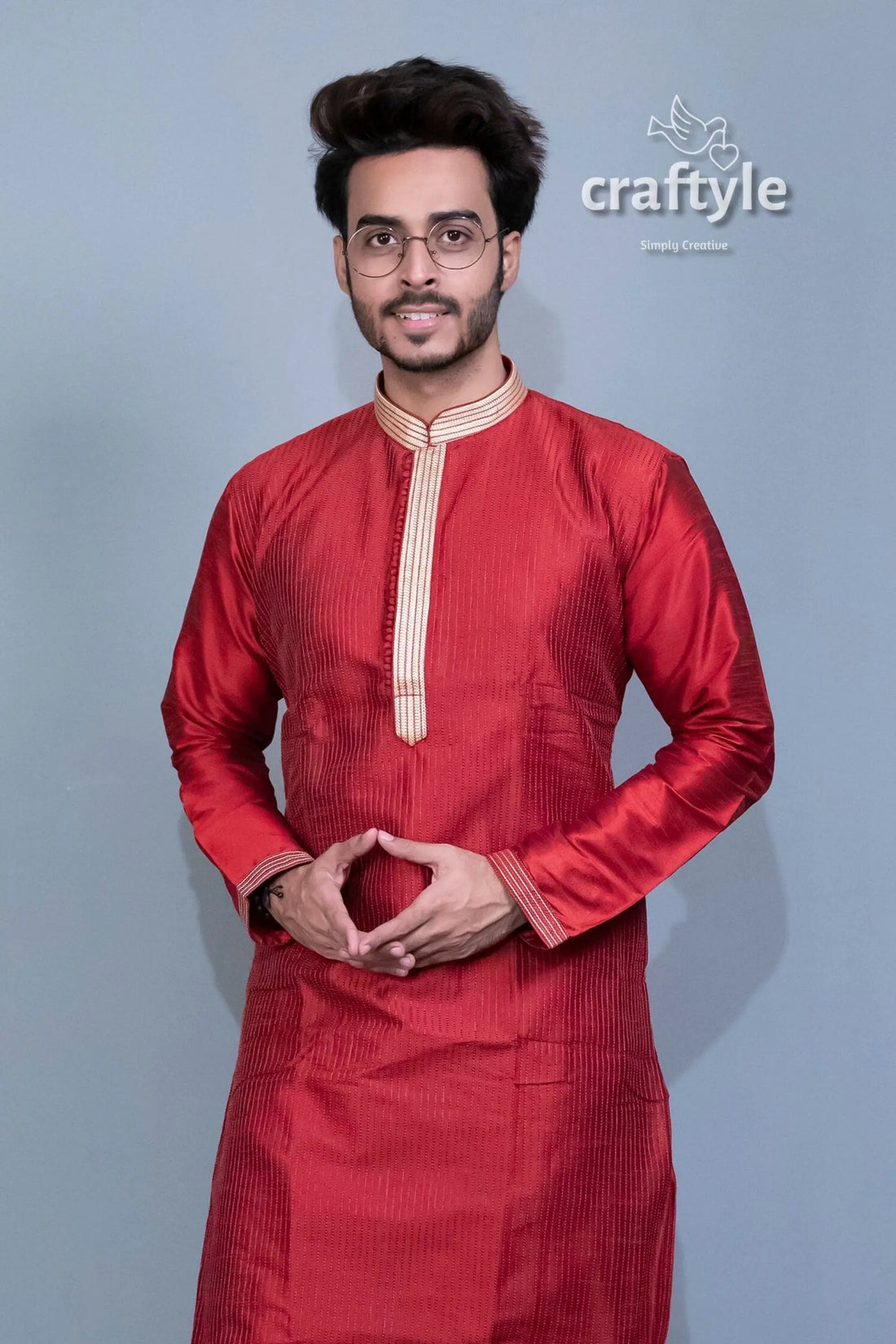 Garnet red men kurta with weave work maroon silk kurta gold trim 2