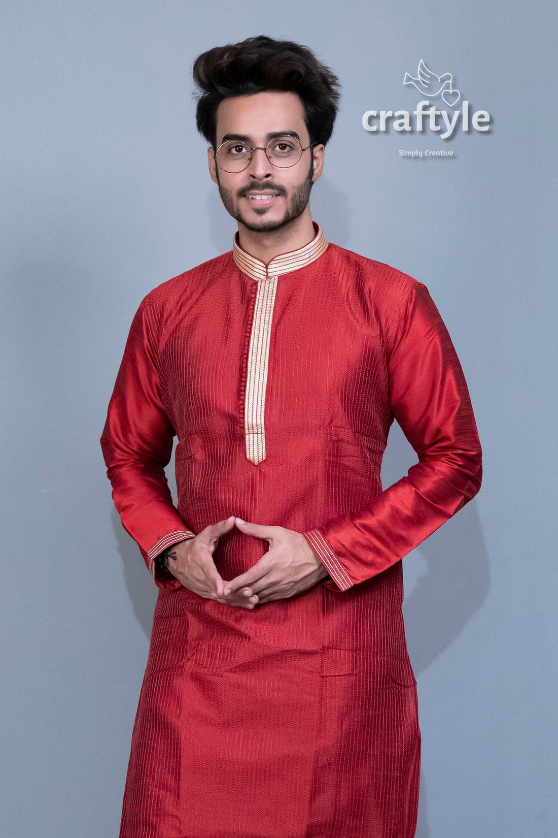 Garnet Red Men Kurta with Weave Work - Craftyle