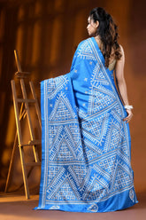 Geometric design bright blue silk kutch embroidery saree with mirror detailing 5