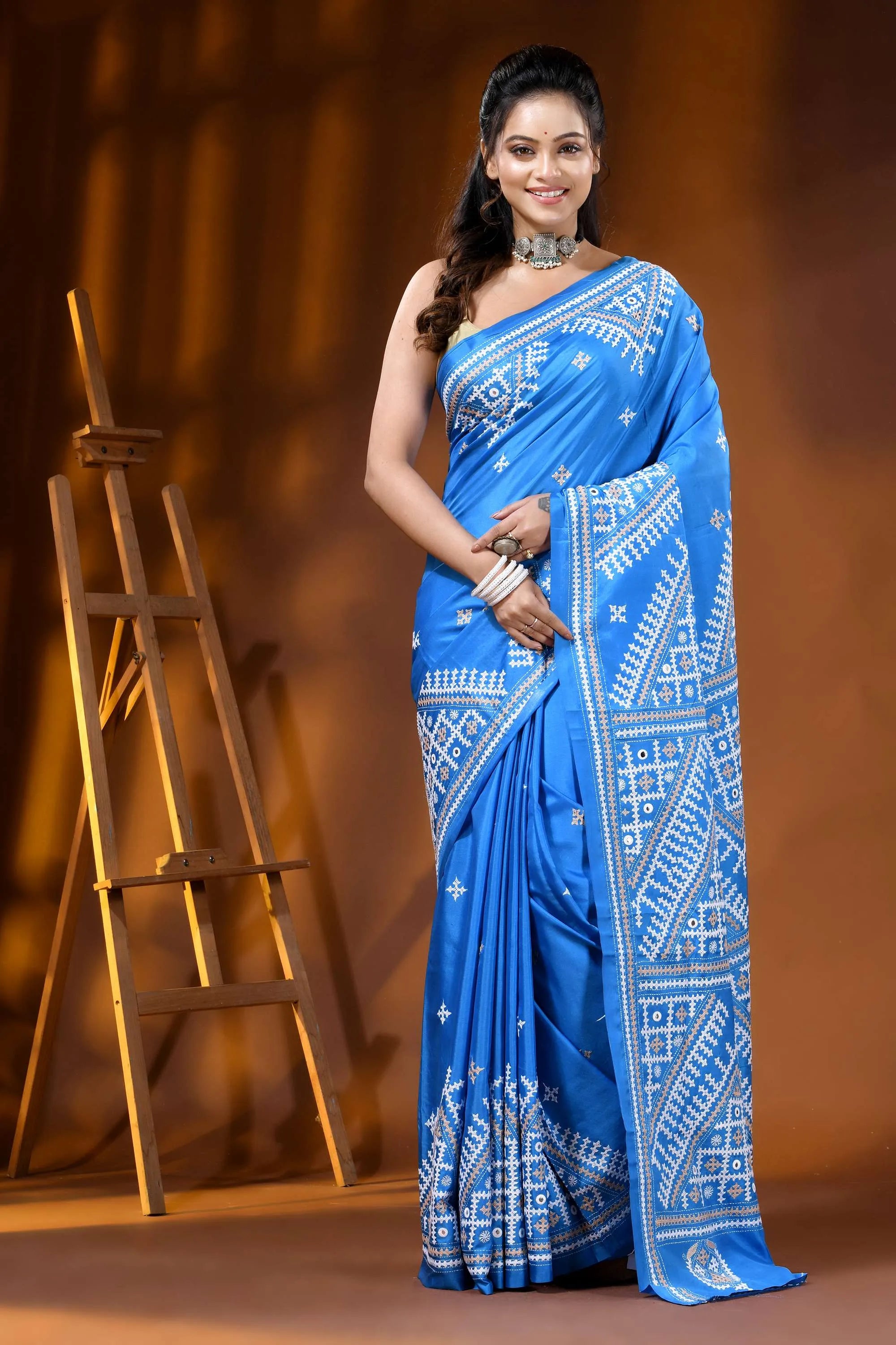 Geometric design bright blue silk kutch embroidery saree with mirror detailing 1