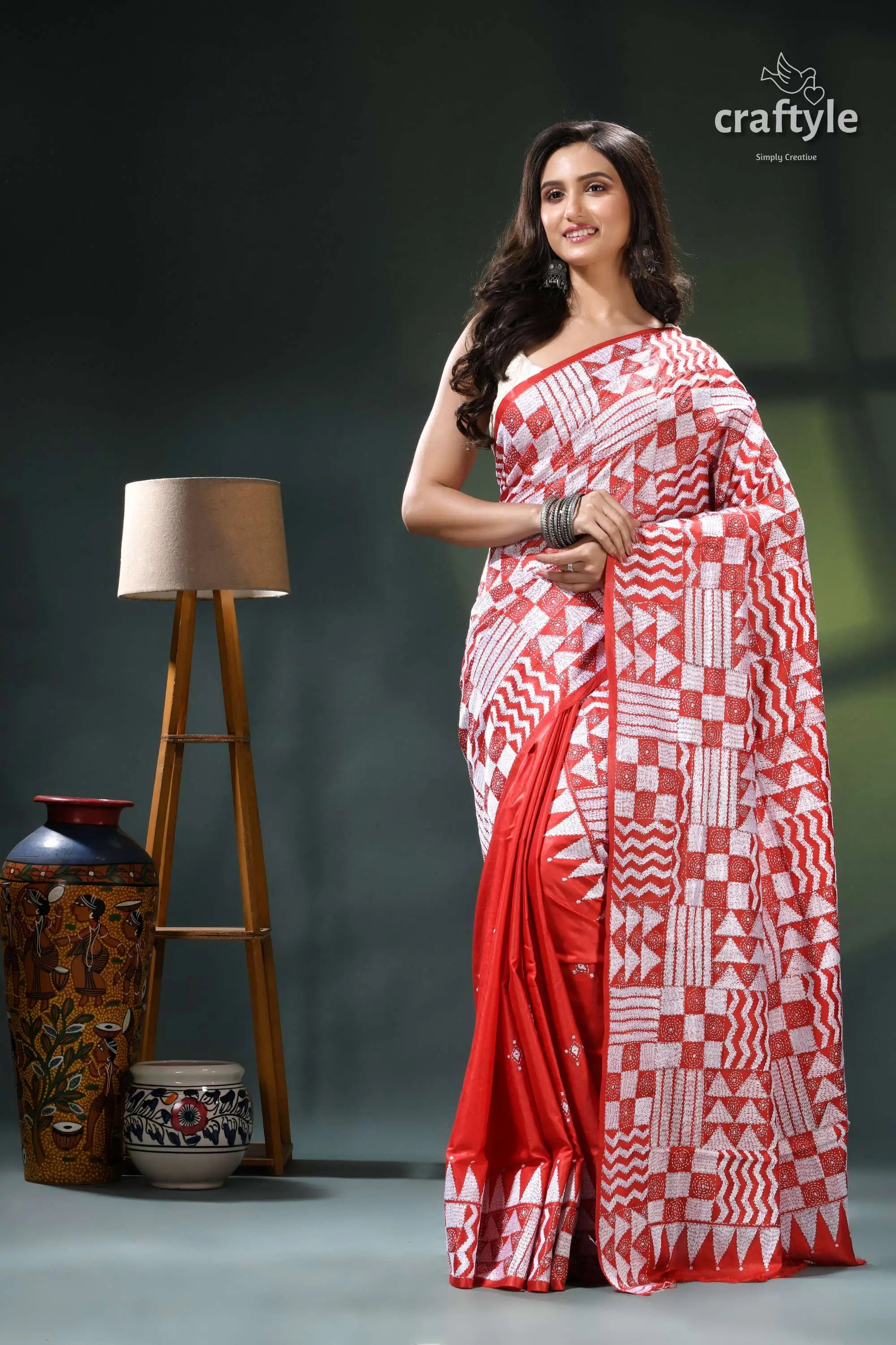 Geometric design bright red white thread silk kantha stitch saree red white patterned saree geometric 6