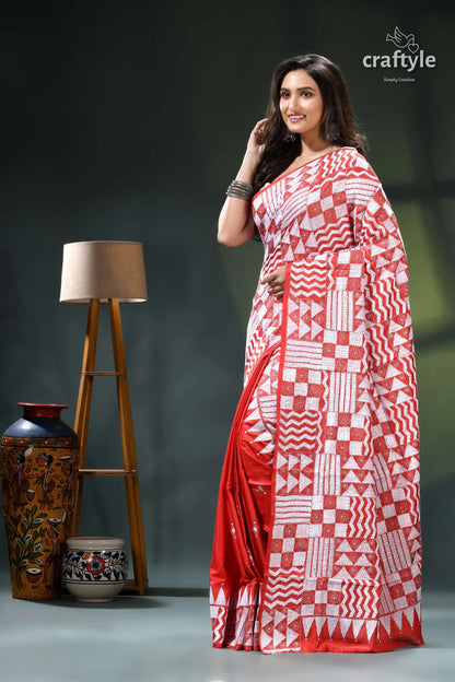 Geometric design bright red white thread silk kantha stitch saree red white geometric patterned saree 3