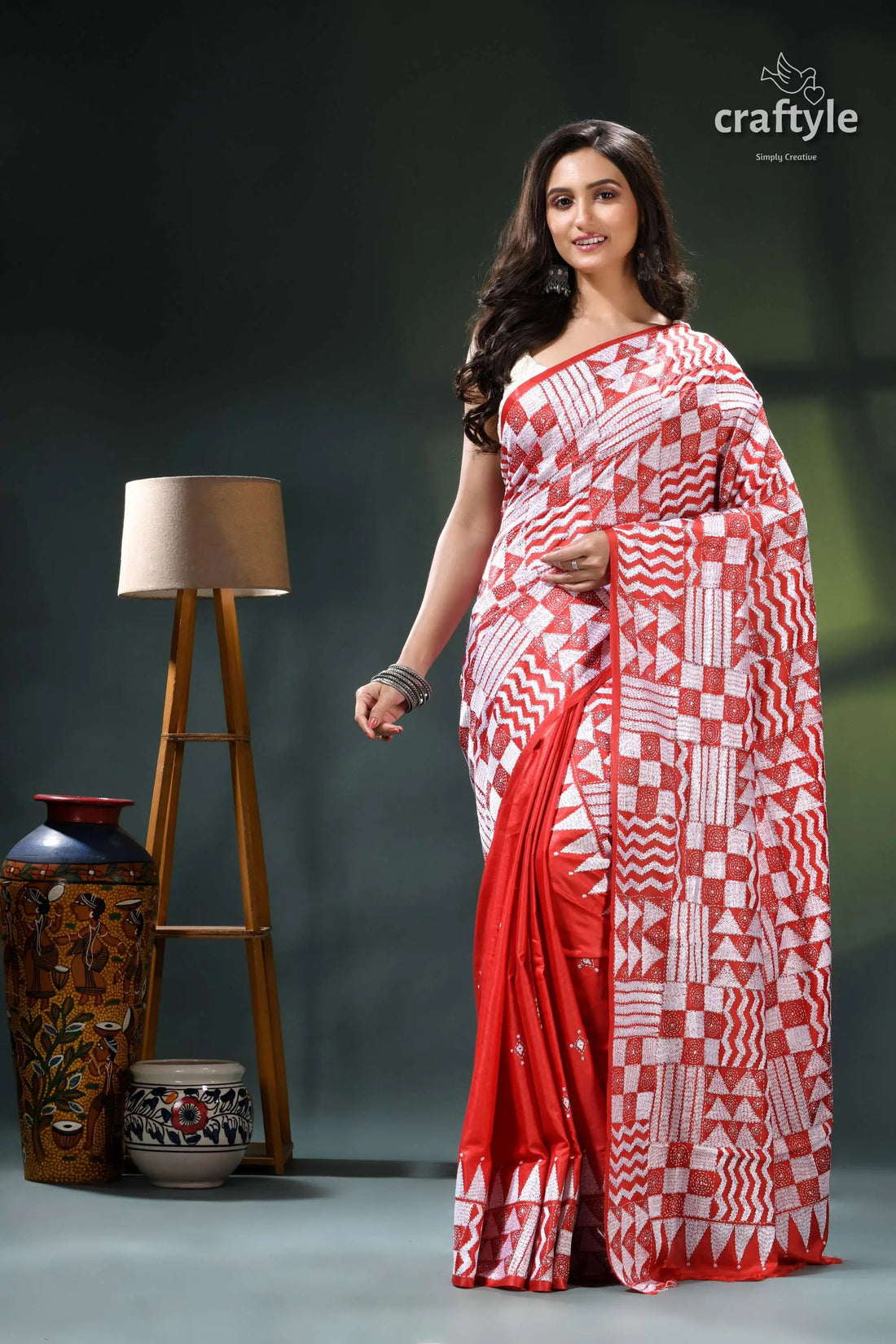 Geometric design bright red white thread silk kantha stitch saree red white patterned saree geometric 1