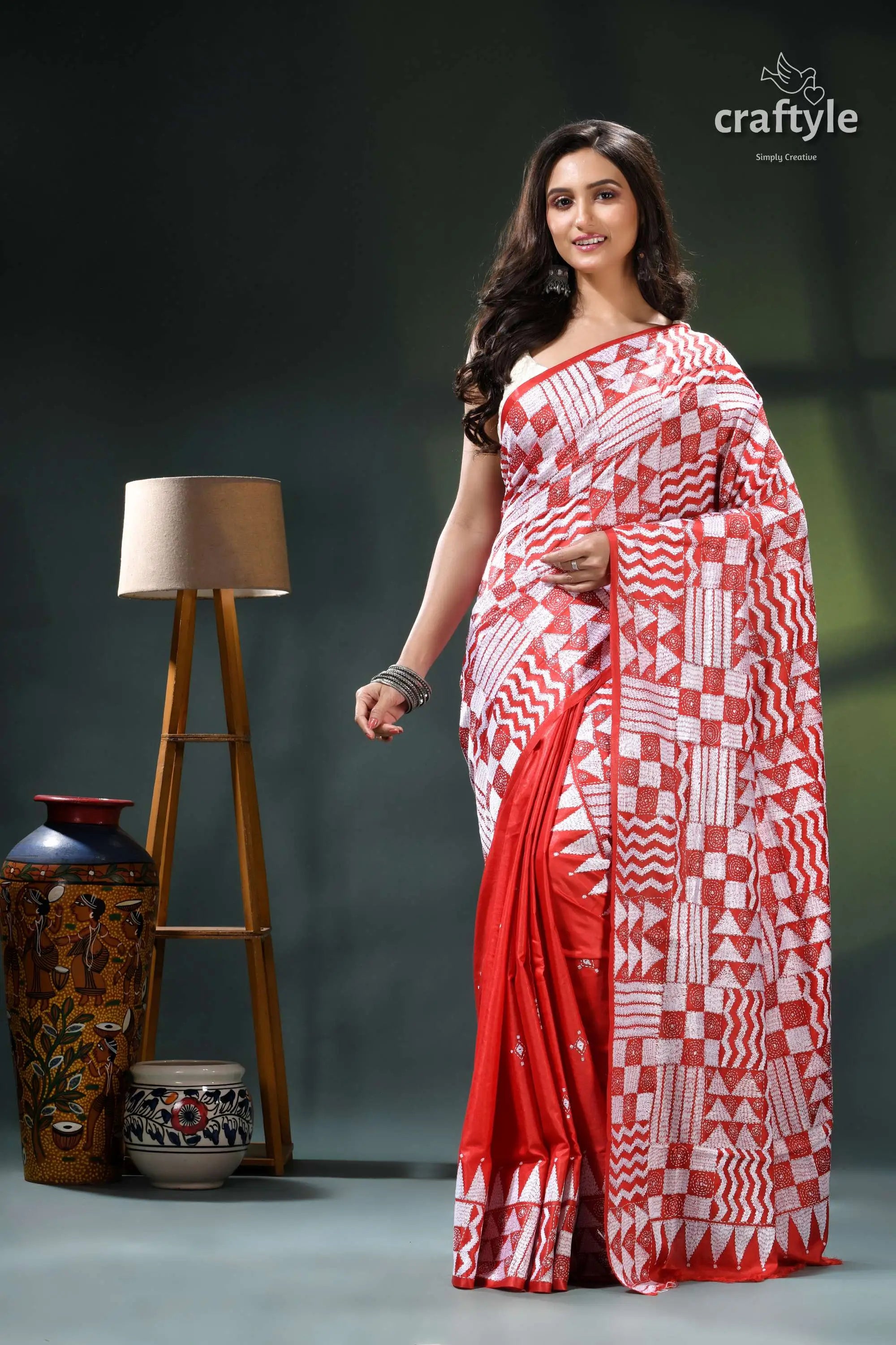 Geometric design bright red white thread silk kantha stitch saree red white patterned saree geometric 1