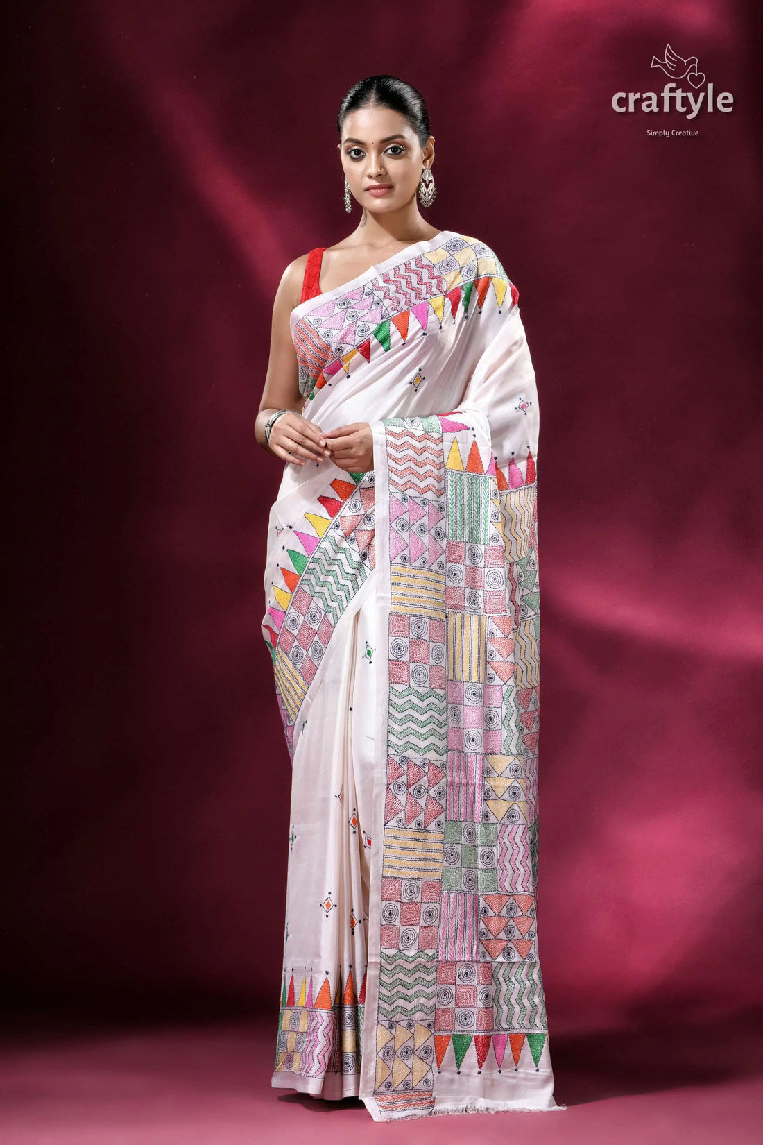 Geometric design white hand stitched silk kantha saree elegant white saree colorful geometric 1