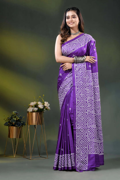 Geometric kutch work purple silk saree with handcrafted detailing 6