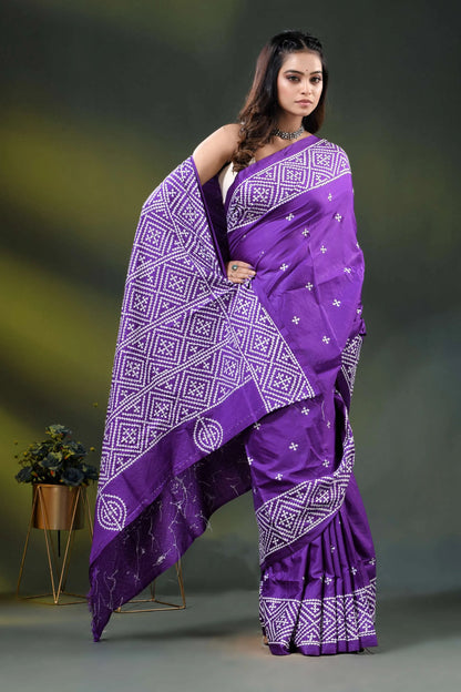 Geometric kutch work purple silk saree with handcrafted detailing 4
