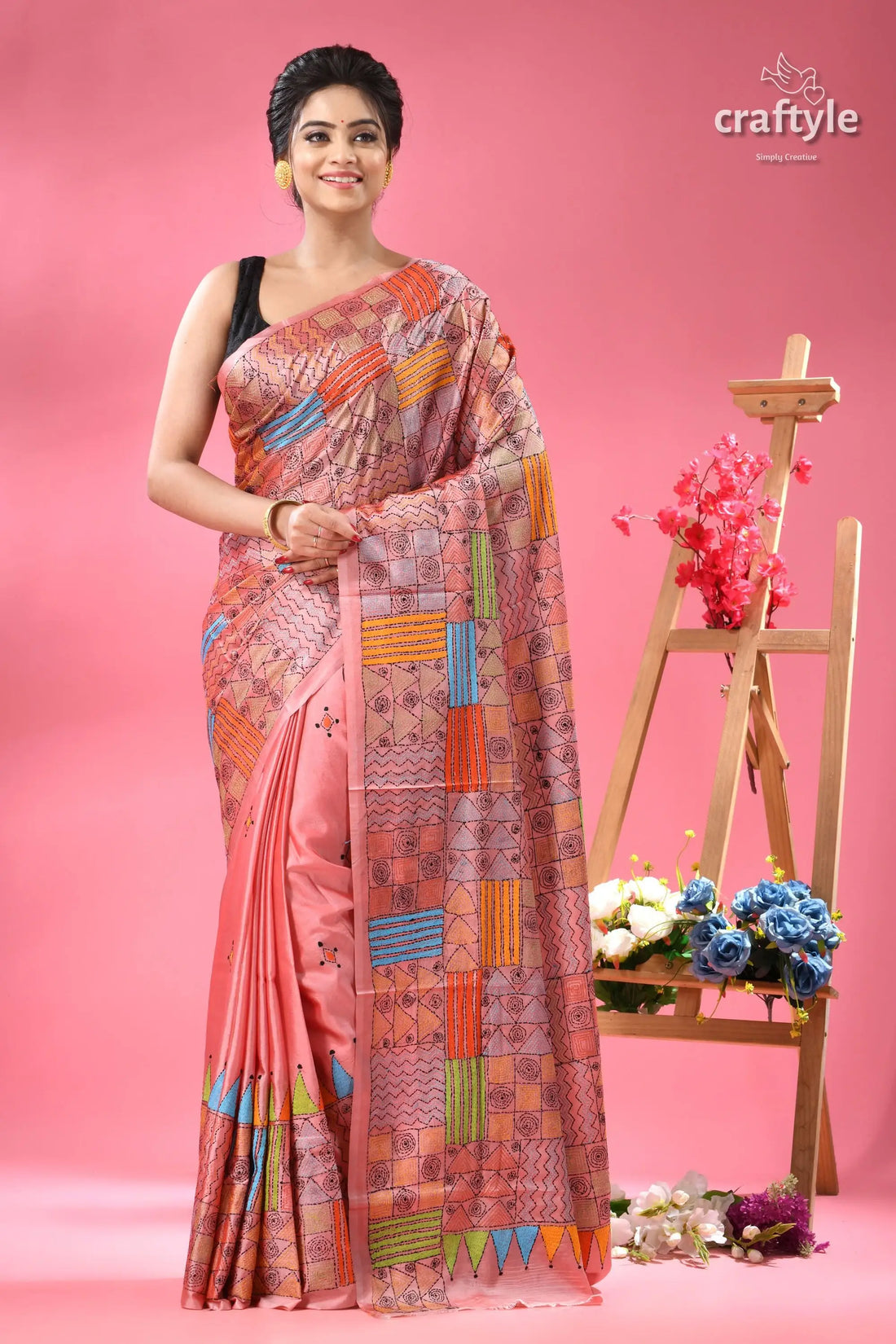 Geometric pattern blossom silk kantha saree party wear woman pink saree colorful patchwork 1