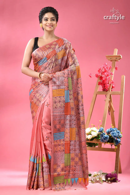 Geometric pattern blossom silk kantha saree party wear woman pink saree colorful patchwork 1
