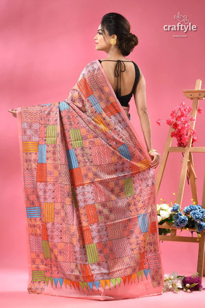 Geometric pattern blossom silk kantha saree party wear pink saree colorful patchwork intricate 5