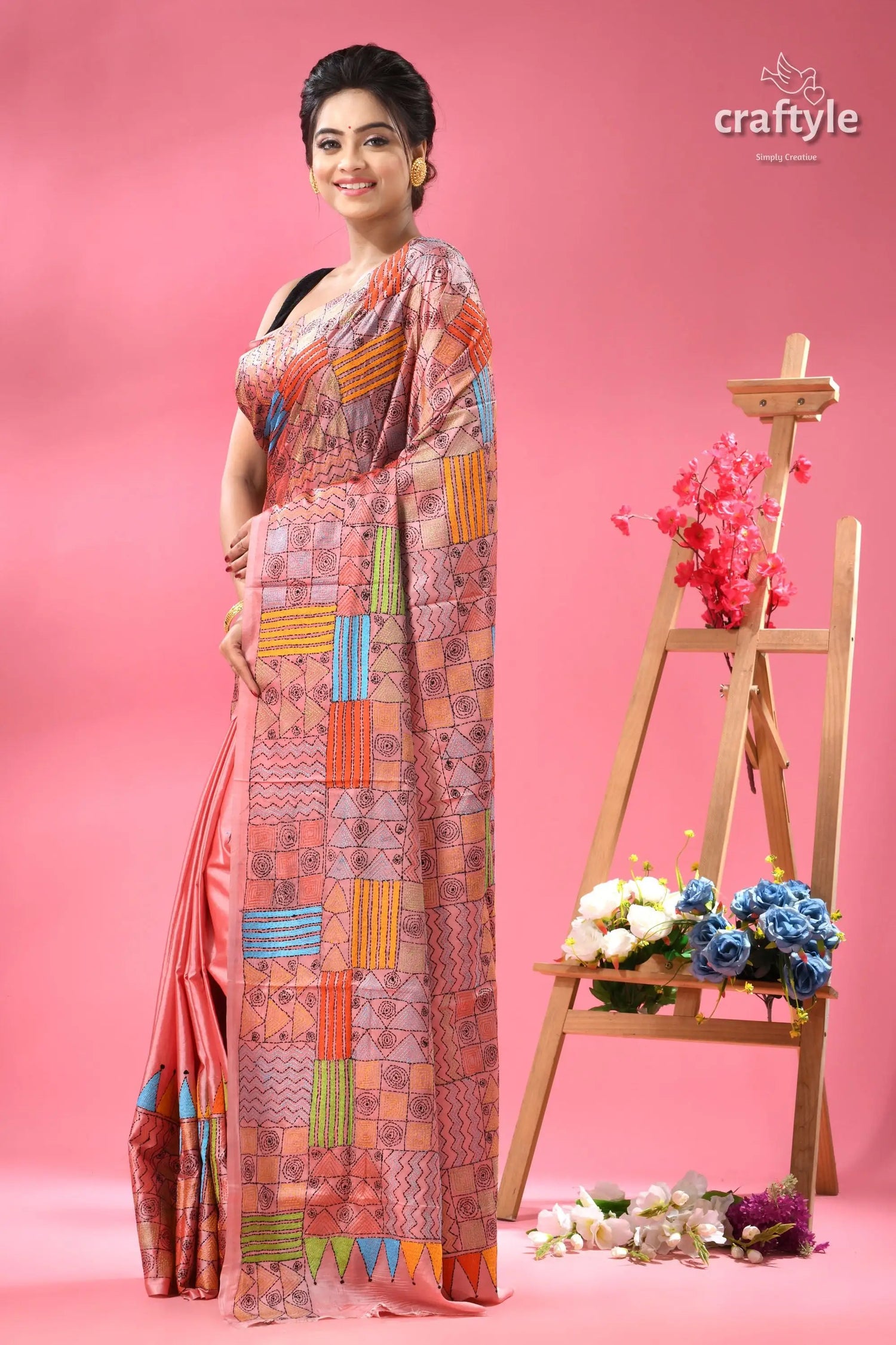 Geometric pattern blossom silk kantha saree party wear woman pink saree colorful abstract 3