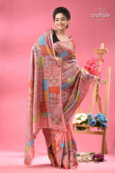 Geometric pattern blossom silk kantha saree party wear woman pink saree colorful patchwork 4