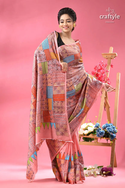 Geometric pattern blossom silk kantha saree party wear woman pink saree colorful patchwork 4