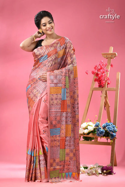 Geometric pattern blossom silk kantha saree party wear pink saree colorful geometric abstract 6