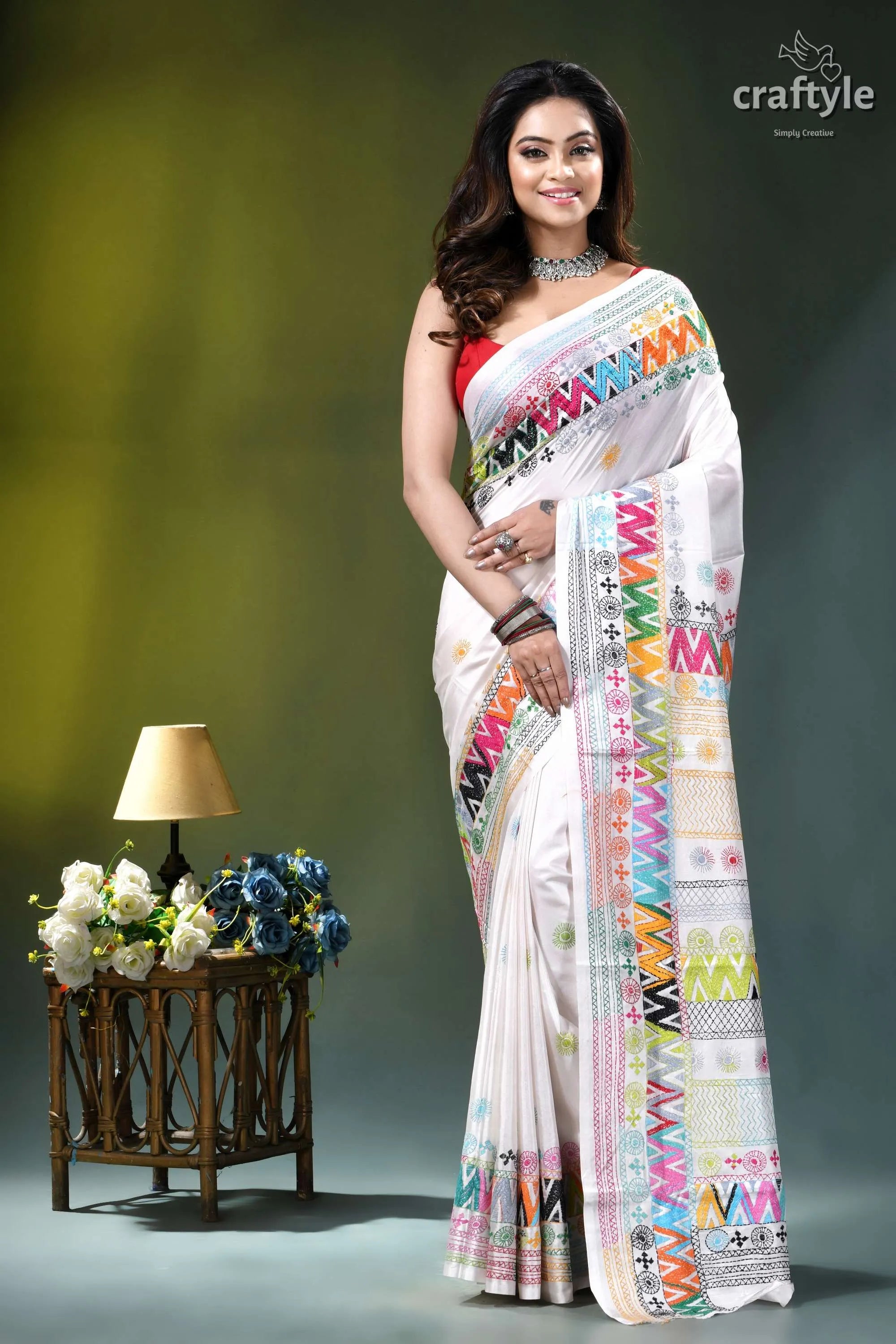 Geometric pattern multicolor hand embroidery silk lambani saree in white white sari vibrant multicolored geometric 1