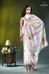 Geometric pattern multicolor hand embroidery silk lambani saree in white white saree vibrant multicolored geometric 5