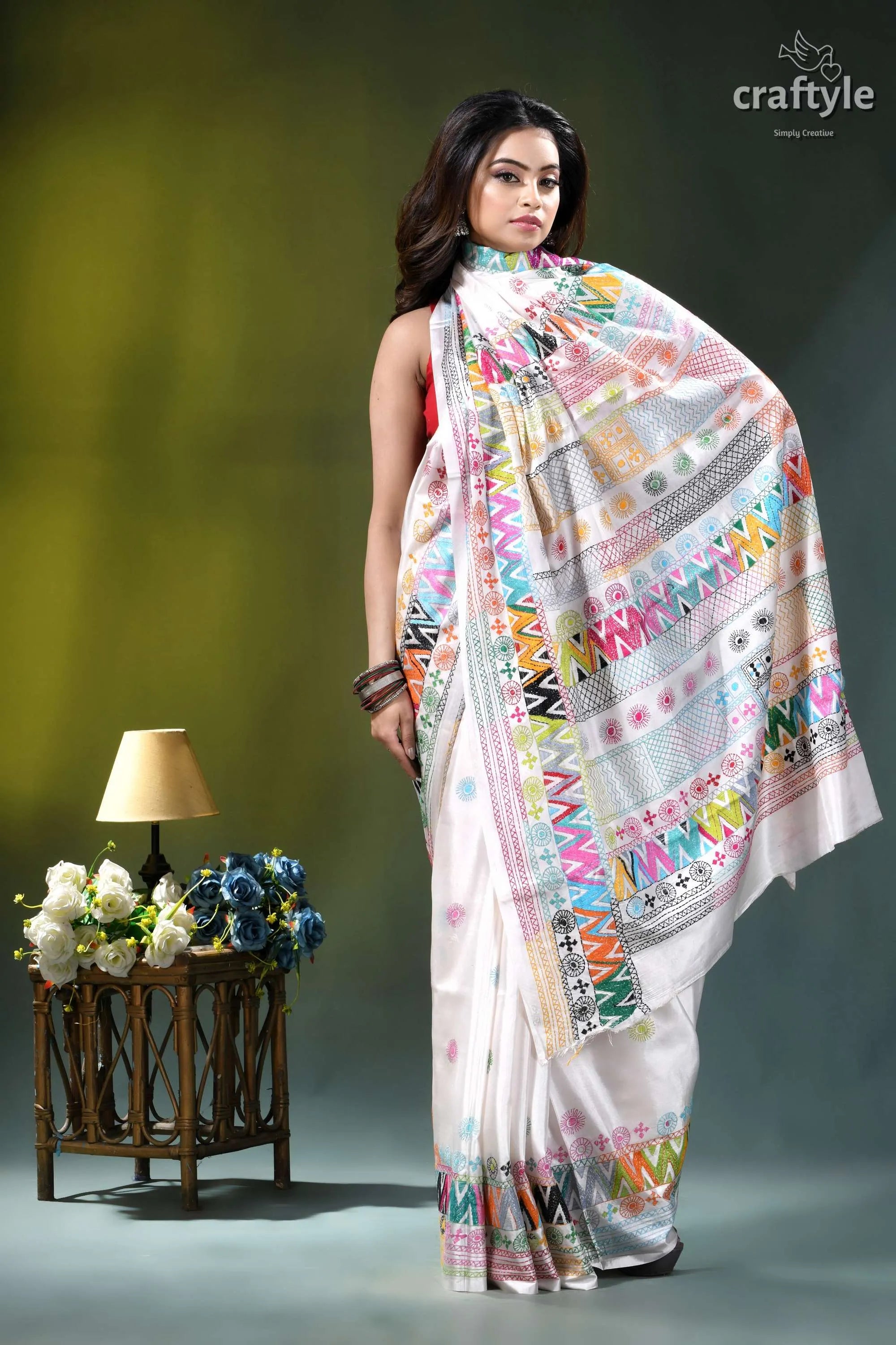 Geometric pattern multicolor hand embroidery silk lambani saree in white white saree vibrant multicolored geometric 5