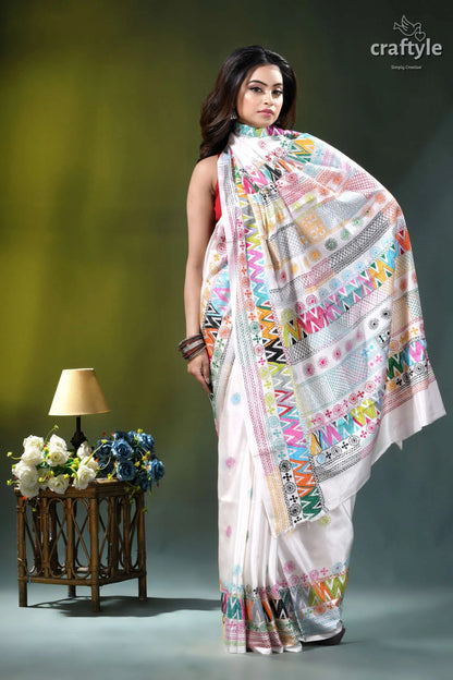 Geometric pattern multicolor hand embroidery silk lambani saree in white white saree vibrant multicolored geometric 5