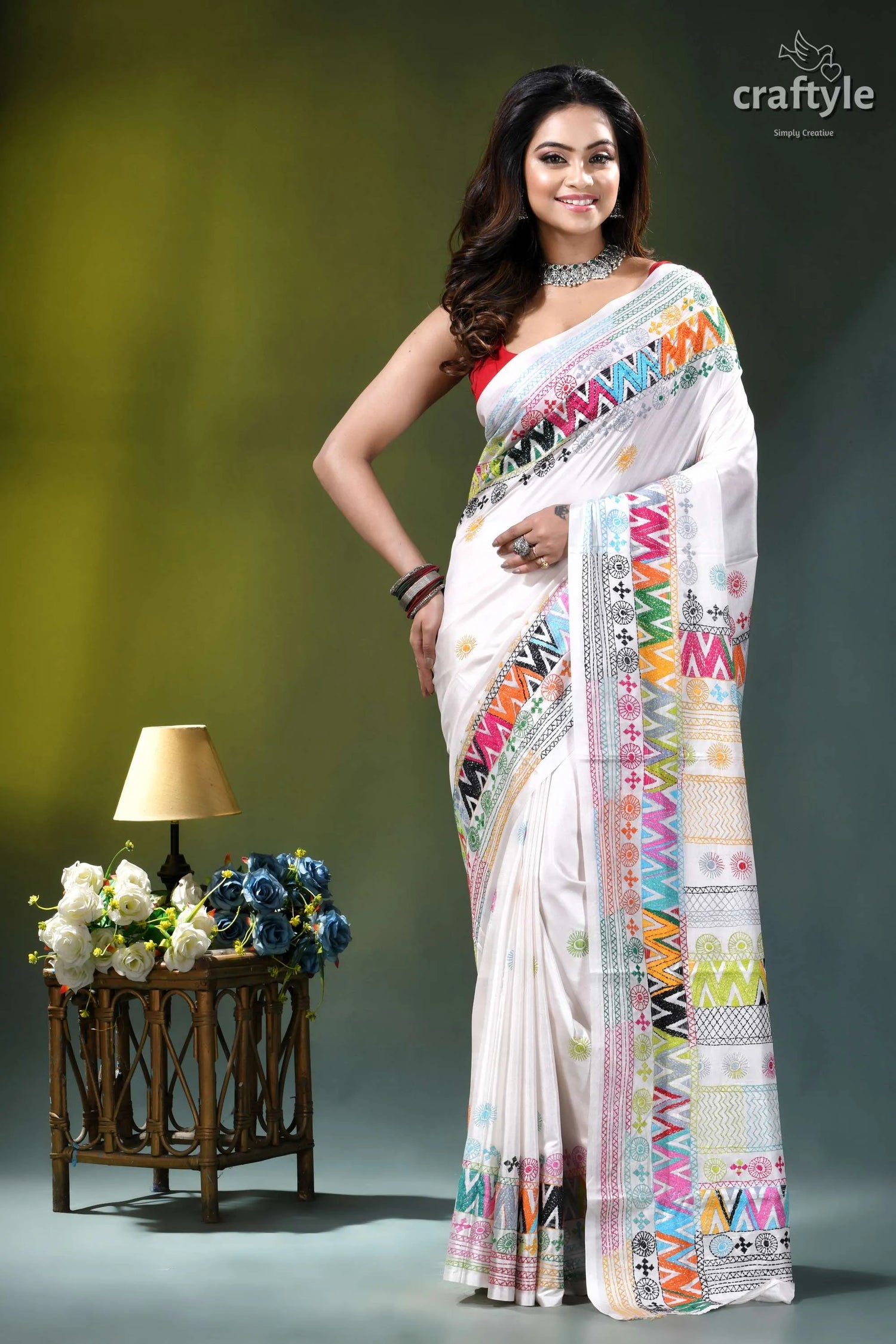 Geometric pattern multicolor hand embroidery silk lambani saree in white white sari colorful geometric embroidery 6