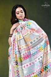 Geometric pattern multicolor hand embroidery silk lambani saree in white vibrant multicolored printed dupatta intricate