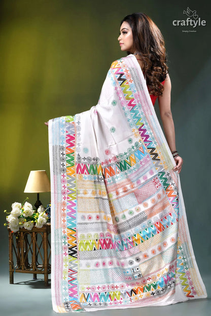 Geometric pattern multicolor hand embroidery silk lambani saree in white vibrant white silk saree adorned 4