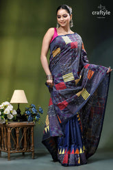 Geometric pattern multicolor silk kantha saree in midnight blue woman wears navy blue saree 4