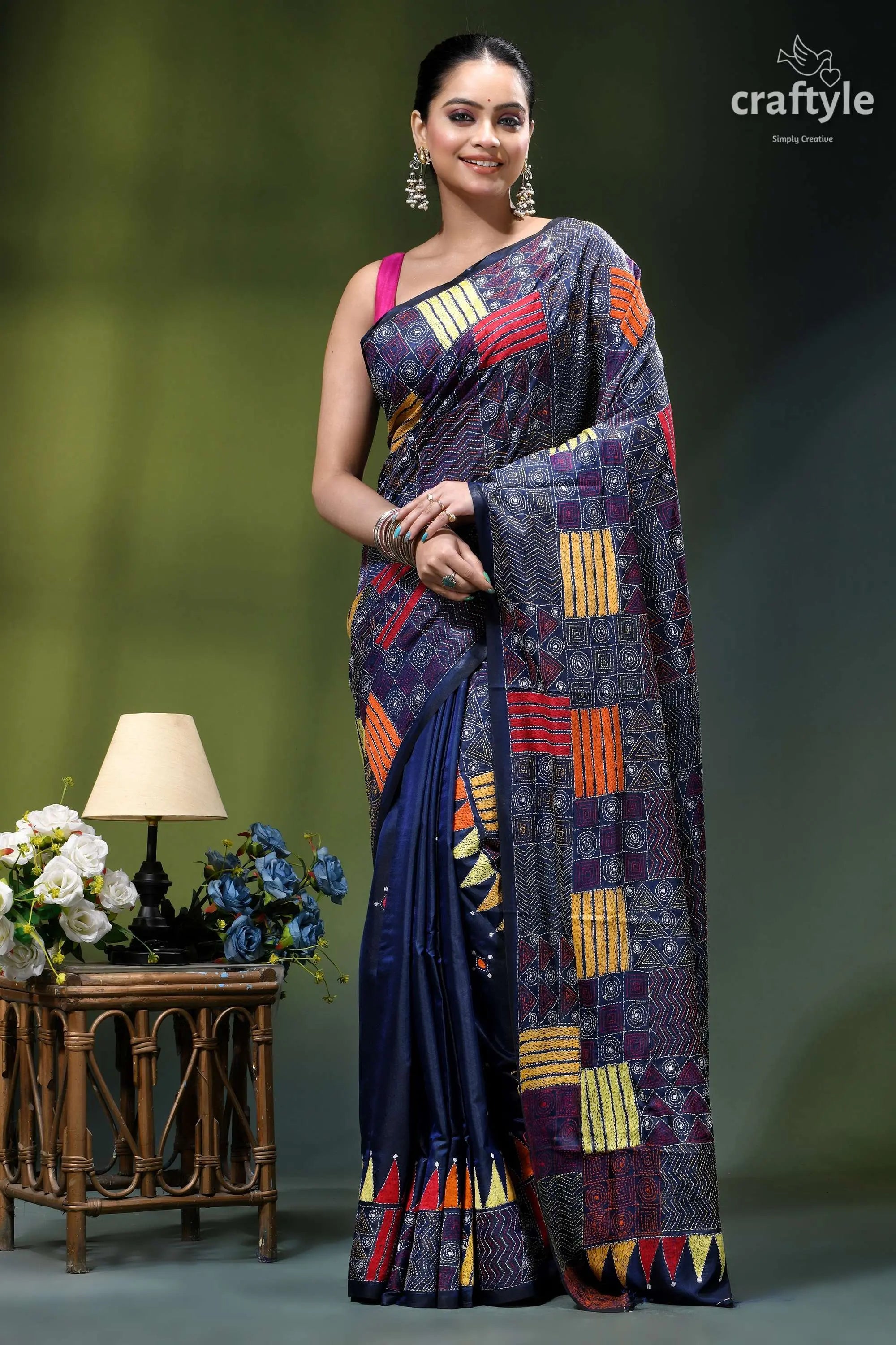 Geometric pattern multicolor silk kantha saree in midnight blue woman wears navy blue saree 1