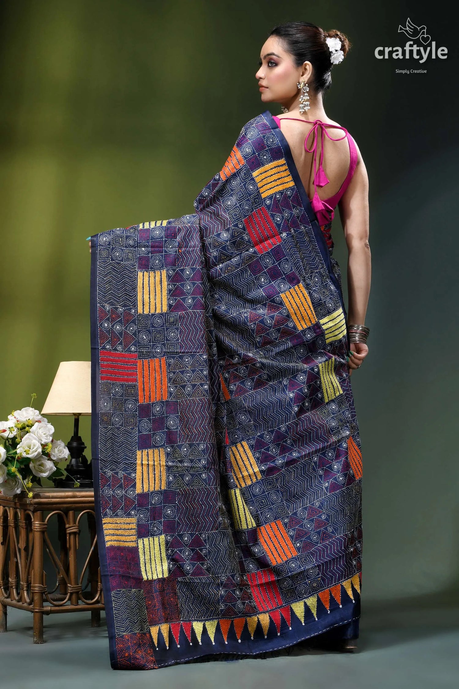 Geometric pattern multicolor silk kantha saree in midnight blue dark blue orange geometric-patterned saree 5