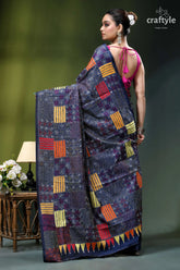 Geometric pattern multicolor silk kantha saree in midnight blue dark blue orange geometric-patterned saree 5