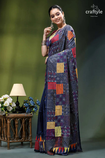 Geometric pattern multicolor silk kantha saree in midnight blue woman wears dark blue saree 3